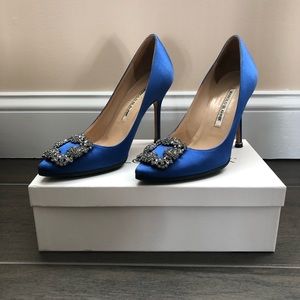 Manolo Blahnik Hangisi Embellished Satin Pumps in Cobalt Blue Size 36